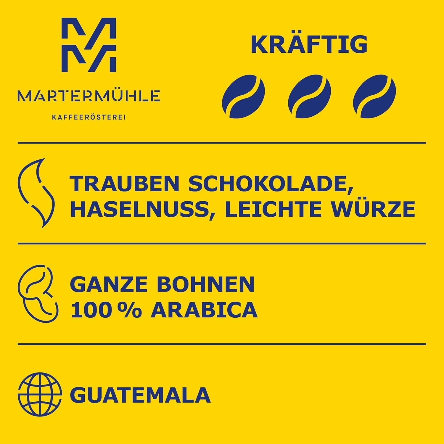 Kawa ziarnista Martermühle Gwatemala 1kg mocna | arabski | Smaki: Orzechy laskowe, Lekkie przyprawy, Czekolada z winogronami | Jasno palone całe ziarna kawy, Niska kwasowość