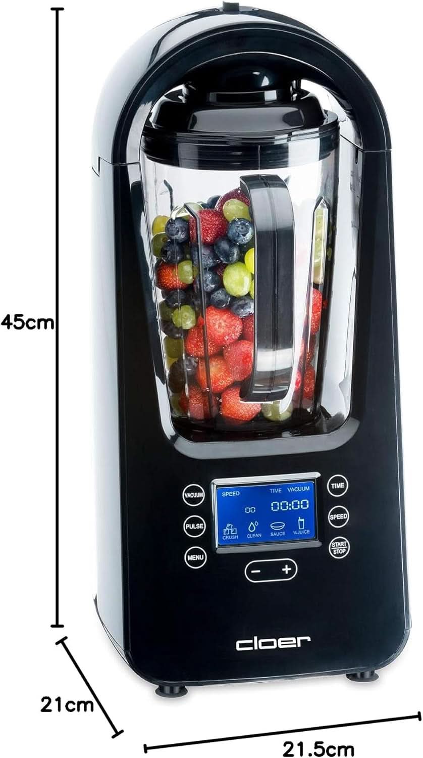 Mikser stojący Cloer 6980 Vakuum / 800 W / 21 000 U/Min. / Włącznie Vorratsbehälter/Vakuumventil/Automatikprogramme/Eis-Crush-Funktion/Reinigungsfunktion/Schwarz, 1500 Milliliters Kitchen Naty Shop
