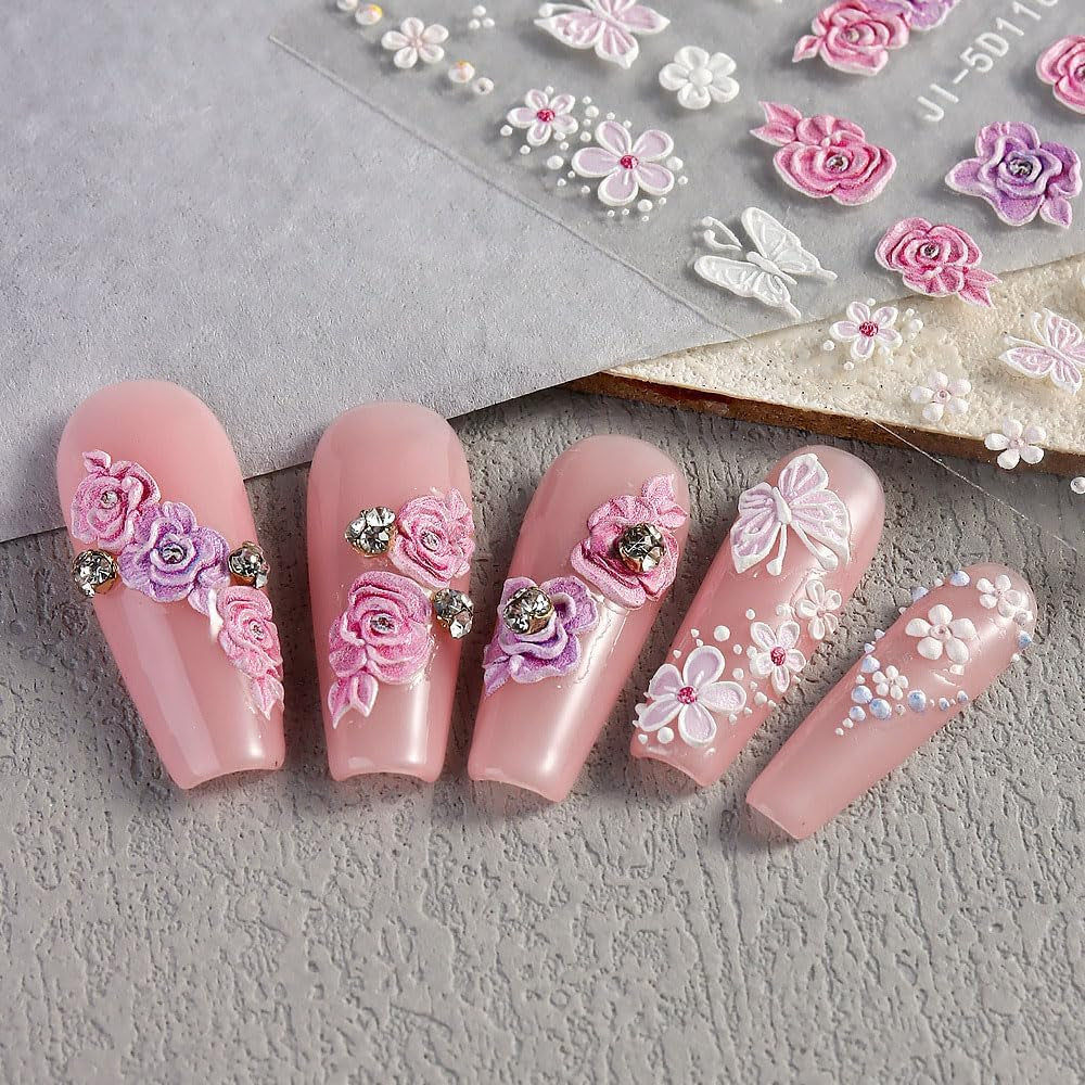 5D Geprägte Blume Nagelsticker Nagelfolie Selbstklebend Acryl Geschnitzte Blumen Nagelaufkleber Schmetterling Naklejka na paznokcie Blütenblätter Nageldesign Aufkleber Nägel Zubehör Kwiatowe naklejki na paznokcie