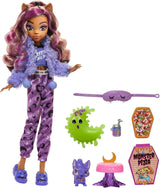 MONSTER HIGH lalki i akcesoria do spania, lalka Clawdeen Wolf z kotem, półksiężyc, impreza Creepover, HKY67