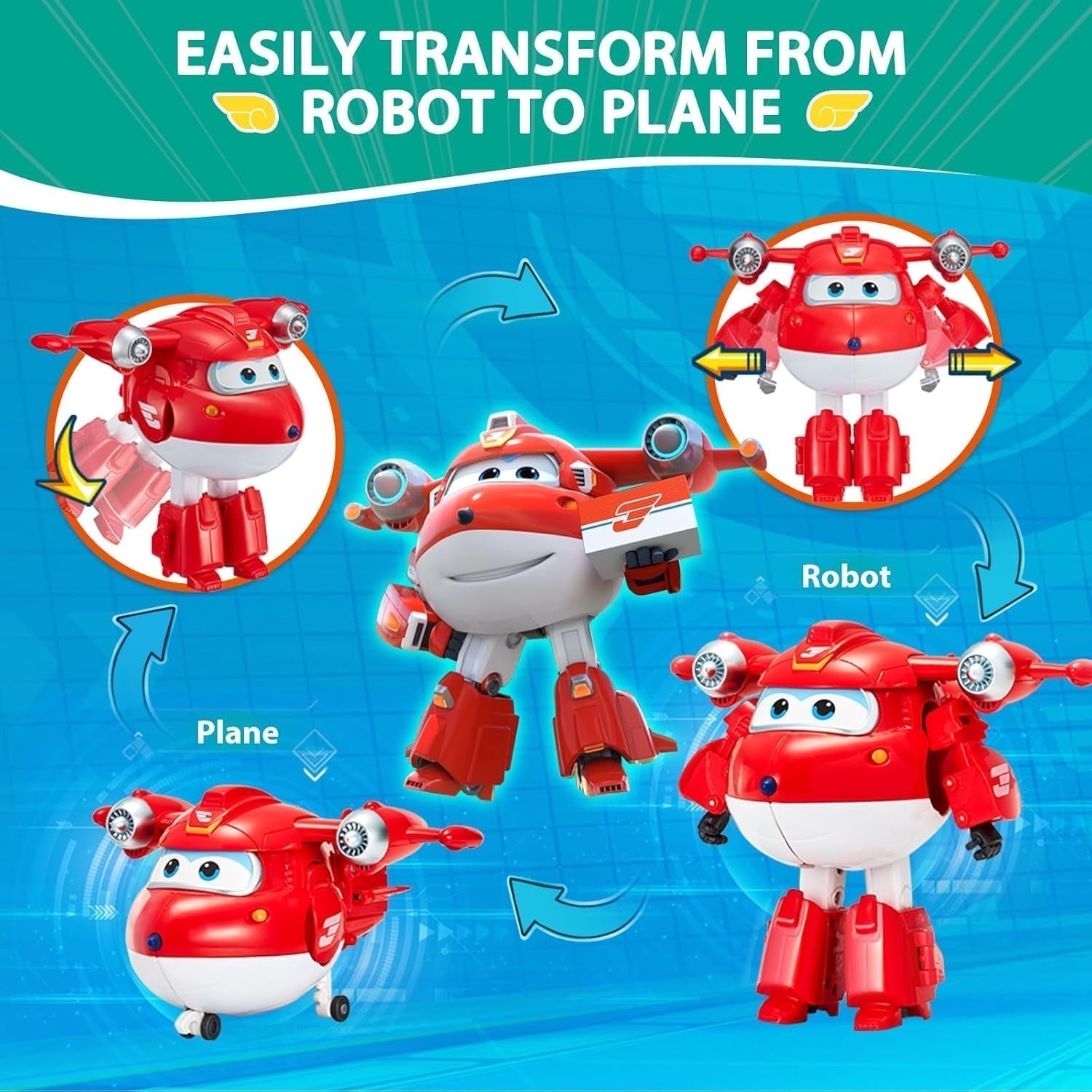Super Wings 5" Transformujące postacie Zestaw 2 sztuk Transformujący doładowany Jett + Tino Transformator Zabawka dla chłopców i dziewcząt w wieku od 3 lat Czerwone figurki Naty Shop