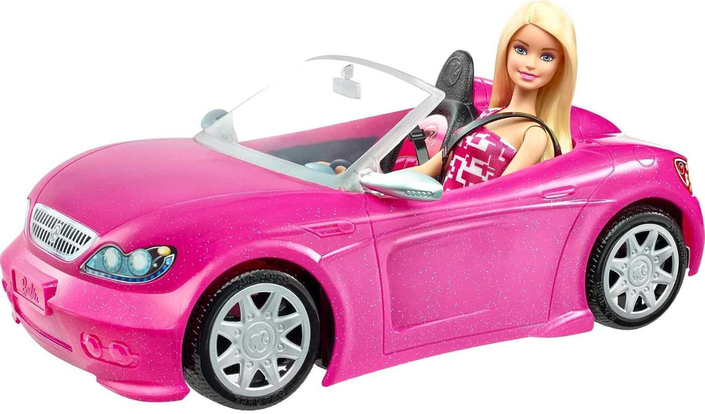 Lalka Barbie i różowy brokatowy kabriolet, realistyczne opony, logo, zabawka dla dzieci w wieku od 3 lat, DJR55