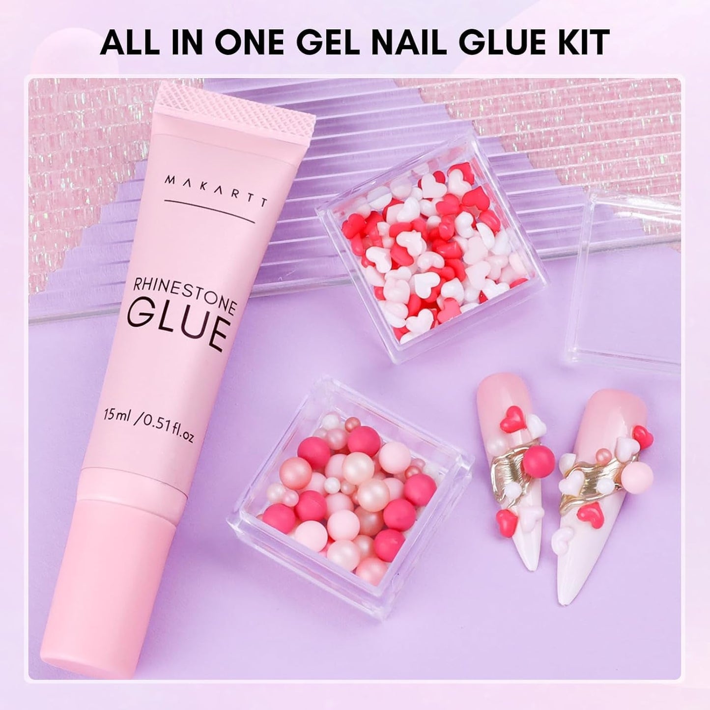 Makartt Żel samoprzylepny Rhinestone - 15 ml Zestaw klejów do paznokci UV z różowymi zawieszkami do paznokci Serce Koło Biżuteria do paznokci i akcesoria do projektowania paznokci do domowego manicure Prezent na Walentynki