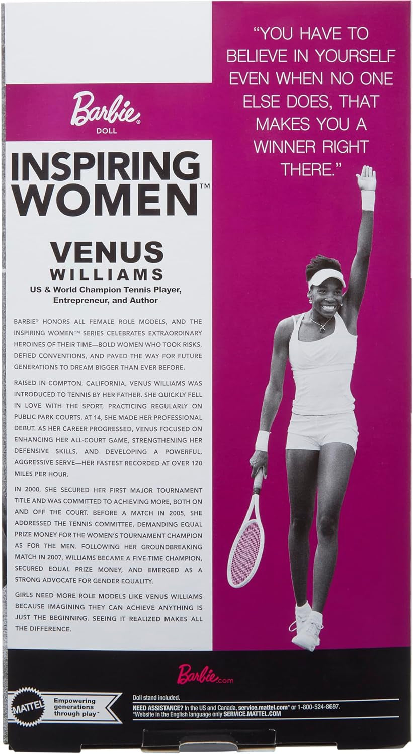 Barbie Inspirująca seria dla kobiet Modna lalka Barbie Venus Williams z podpisanym mundurem i rakietą tenisową w zestawie z pudełkiem prezentacyjnym HRM49