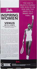 Barbie Inspirująca seria dla kobiet Modna lalka Barbie Venus Williams z podpisanym mundurem i rakietą tenisową w zestawie z pudełkiem prezentacyjnym HRM49