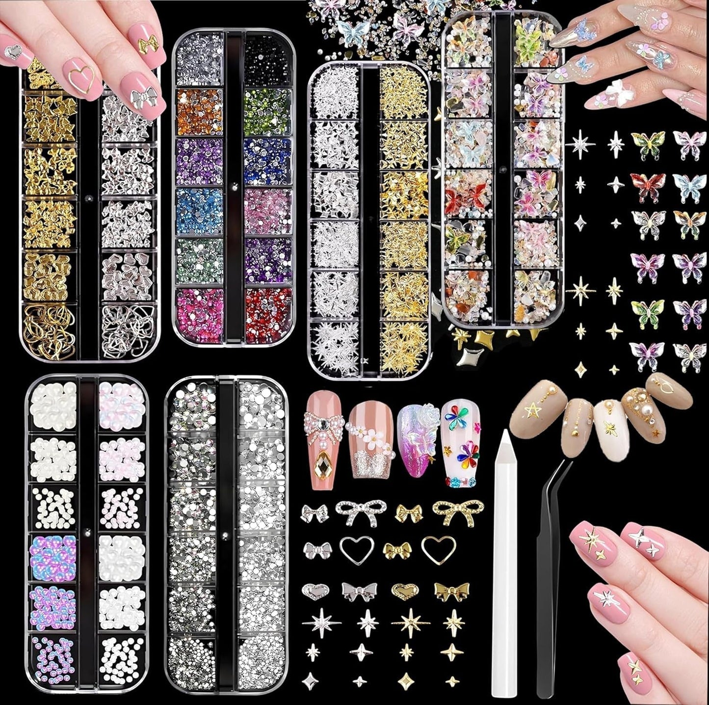 Charms do paznokci, 6 Boxen Gold Silber Nagel Charms 3D Gold Bogen Stern Nail Art Dekoration + 6200 Strasssteine ​​​​Bunt Steine ​​AB Perlen Diamanten, 3D Legierung Bow Nail Gems Nagel Deko Für Frauen Nagel (6-A)