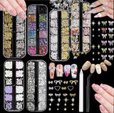 Charms do paznokci, 6 Boxen Gold Silber Nagel Charms 3D Gold Bogen Stern Nail Art Dekoration + 6200 Strasssteine ​​​​Bunt Steine ​​AB Perlen Diamanten, 3D Legierung Bow Nail Gems Nagel Deko Für Frauen Nagel (6-A)
