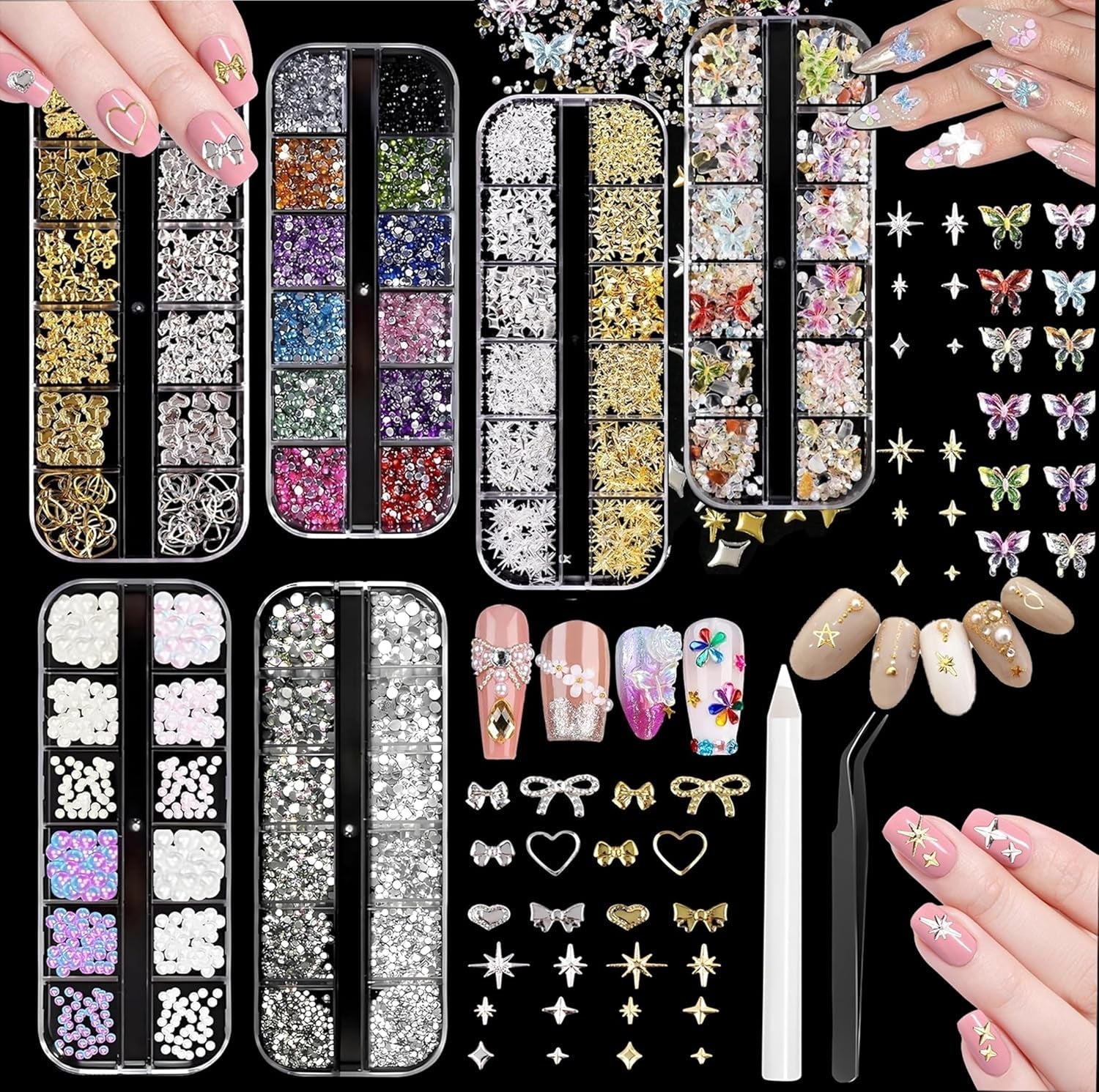 Charms do paznokci, 6 Boxen Gold Silber Nagel Charms 3D Gold Bogen Stern Nail Art Dekoration + 6200 Strasssteine ​​​​Bunt Steine ​​AB Perlen Diamanten, 3D Legierung Bow Nail Gems Nagel Deko Für Frauen Nagel (6-A)