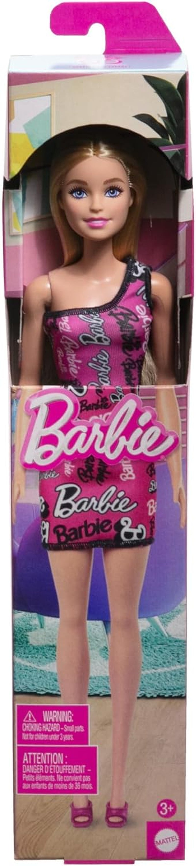 Modna lalka Barbie z prostymi blond włosami, w różowej elastycznej sukience na jedno ramię i butach z nadrukowanym logo HRH07 Naty Shop Dolls