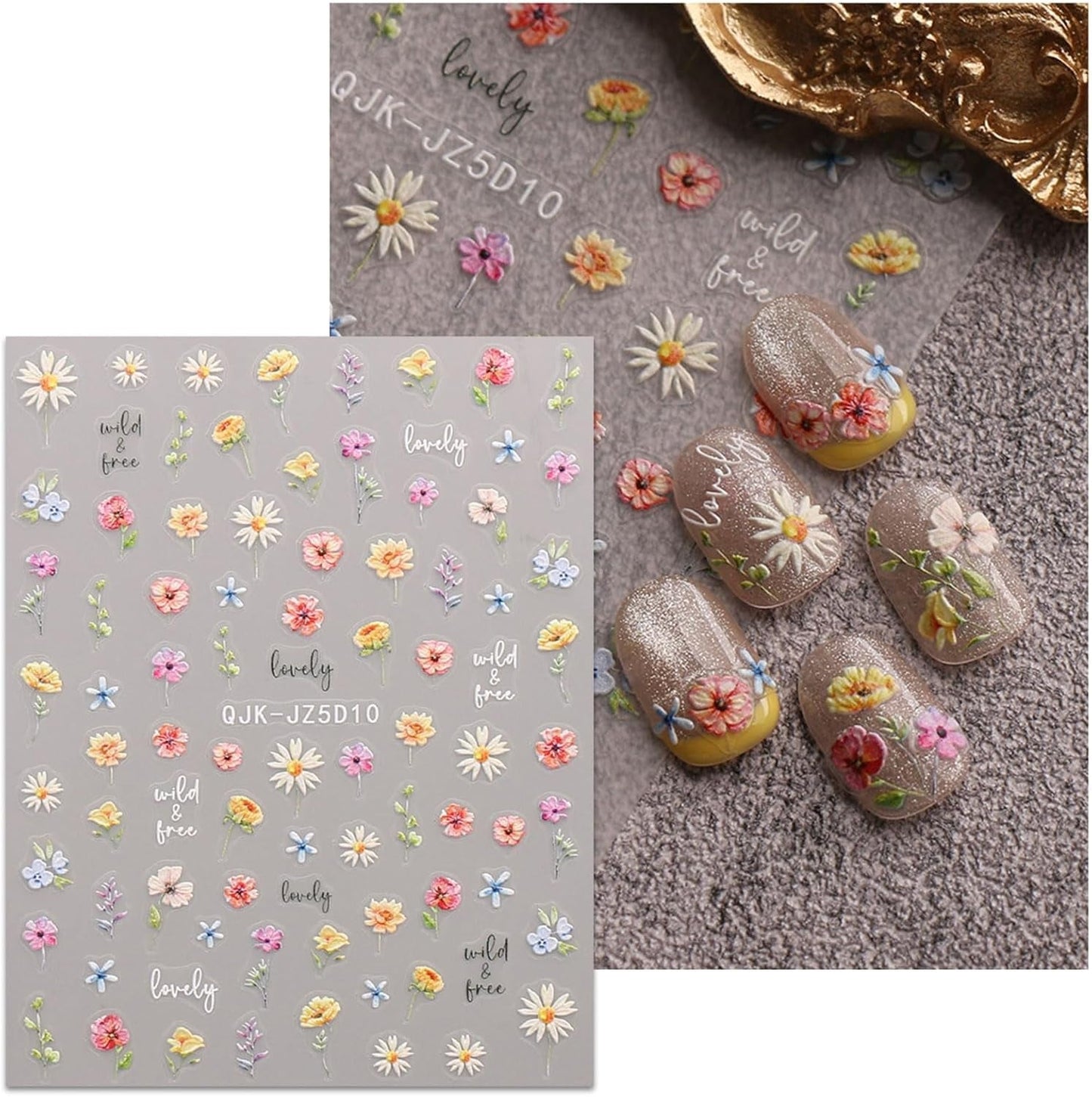 JMEOWIO 3D Nagelsticker Blumen Nail Art Naklejka Selbstklebend Nagelaufkleber 5D Stereoskopisch Frühling Sommer Blumen Dekoration Nageldesign Zubehör 4 Blatt