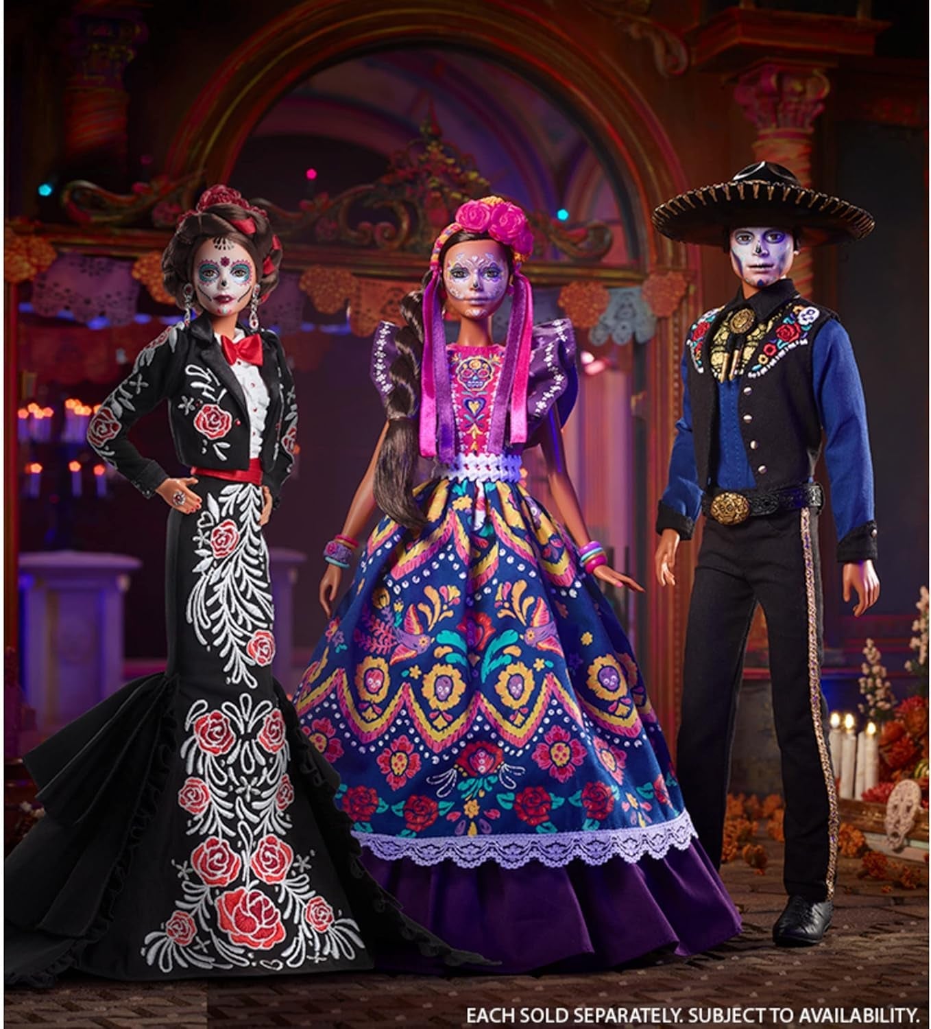 2022 Día De Muertos Lalka Barbie z marszczoną tradycyjną sukienką, wieńcem kwiatowym i farbą do twarzy Calavera, prezent dla kolekcjonerów