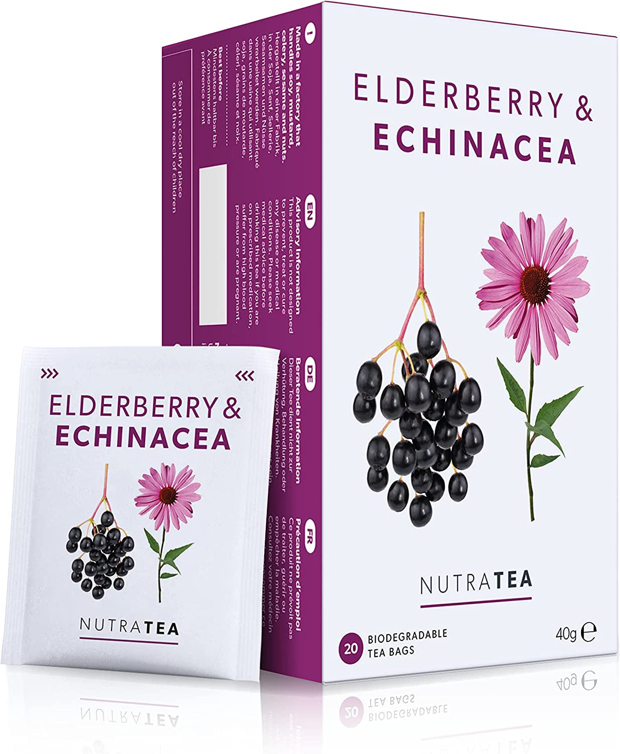 Nutra Tea Herbata z czarnego bzu i echinacei, Herbata na odporność i przeziębienie, Herbata wspomagająca odporność, Walka z przeziębieniem, 20 torebek na herbatę wielokrotnego użytku, Naturalna herbata ziołowa