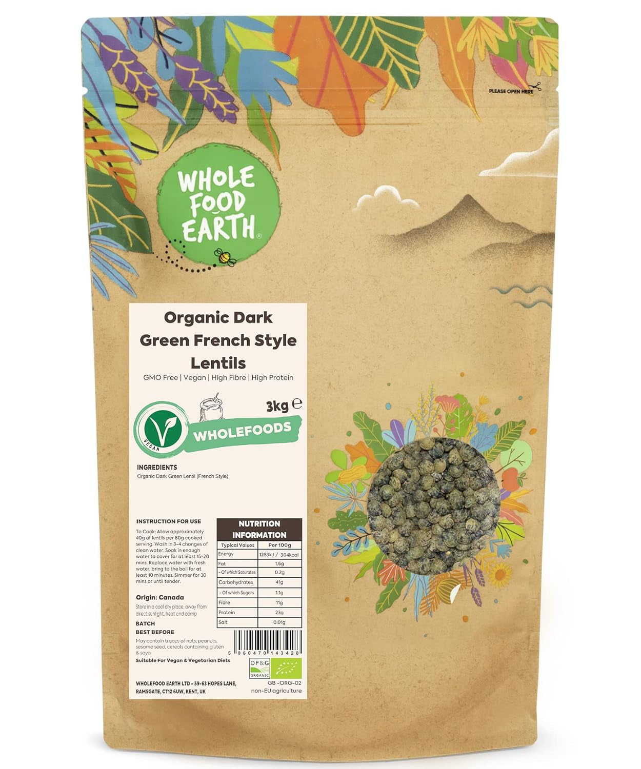 Pełnoziarnista, ekologiczna soczewica francuska w stylu francuskim, ciemnozielona 1kg bez GMO | wegańskie | Bogaty w błonnik | Bogaty w białko | Certyfikowane organiczne