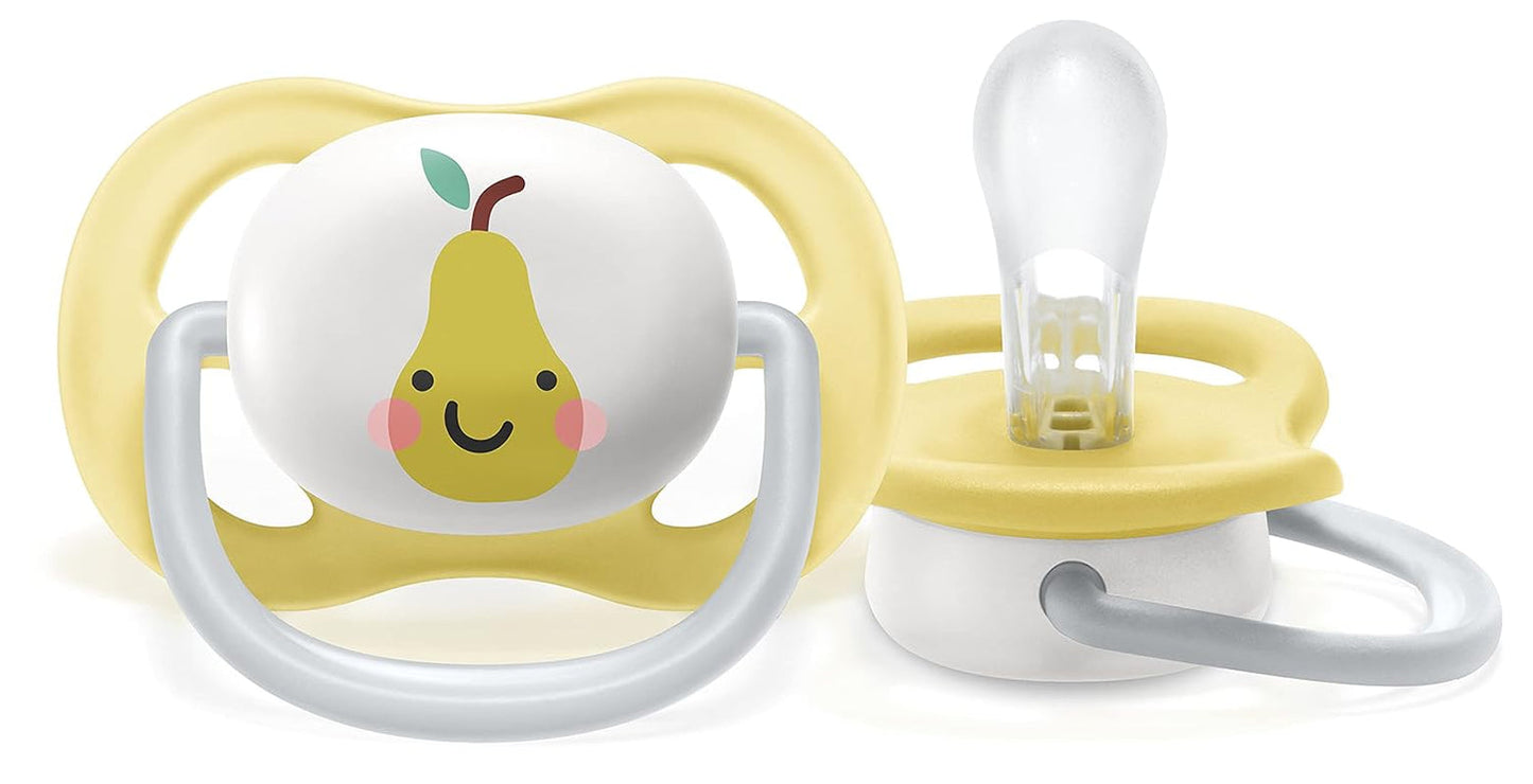 Smoczek Philips AVENT ultra air – 2 sztuki, niezawierający BPA, oddychający, dla dzieci w wieku 0–6 miesięcy, w zestawie etui i sterylizator, jabłko/gruszka (model SCF080/17)