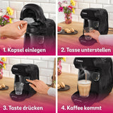Bosch Tassimo Happy Friendly TAS102E Ekspres do espresso w kapsułkach, ponad 70 napojów, odpowiedni do wszystkich filiżanek, Auto-Stop, zrównoważony, idealne dozowanie, oszczędzający miejsce, 1400 W, czarny