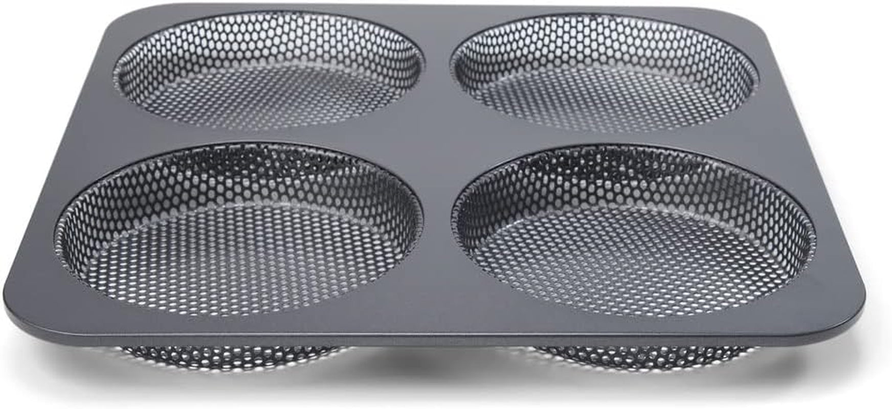 Hamburgerbrötchen, Perforiert, Antihaftbeschichte, 4 Runde Mulden Mit Je 12 Cm, Pfannengröße 28 X 28 Cm, 2,5 Cm Tief, Mittelgroß, Schwarz Formy i blachy do pieczenia Naty Shop