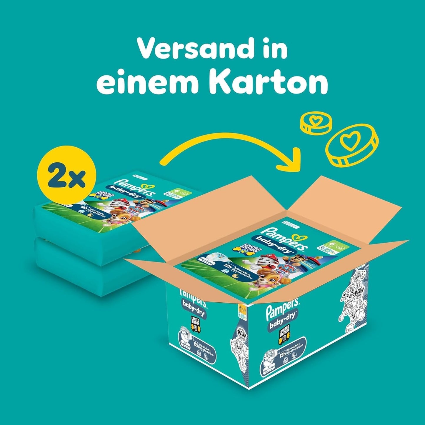 Pieluszki Pampers Baby-Dry Puppy Patrol Edition, rozmiar 6, 164 pieluszki, 13 kg - 18 kg, do 100% ochrony przed wyciekami i komfortu przez całą noc