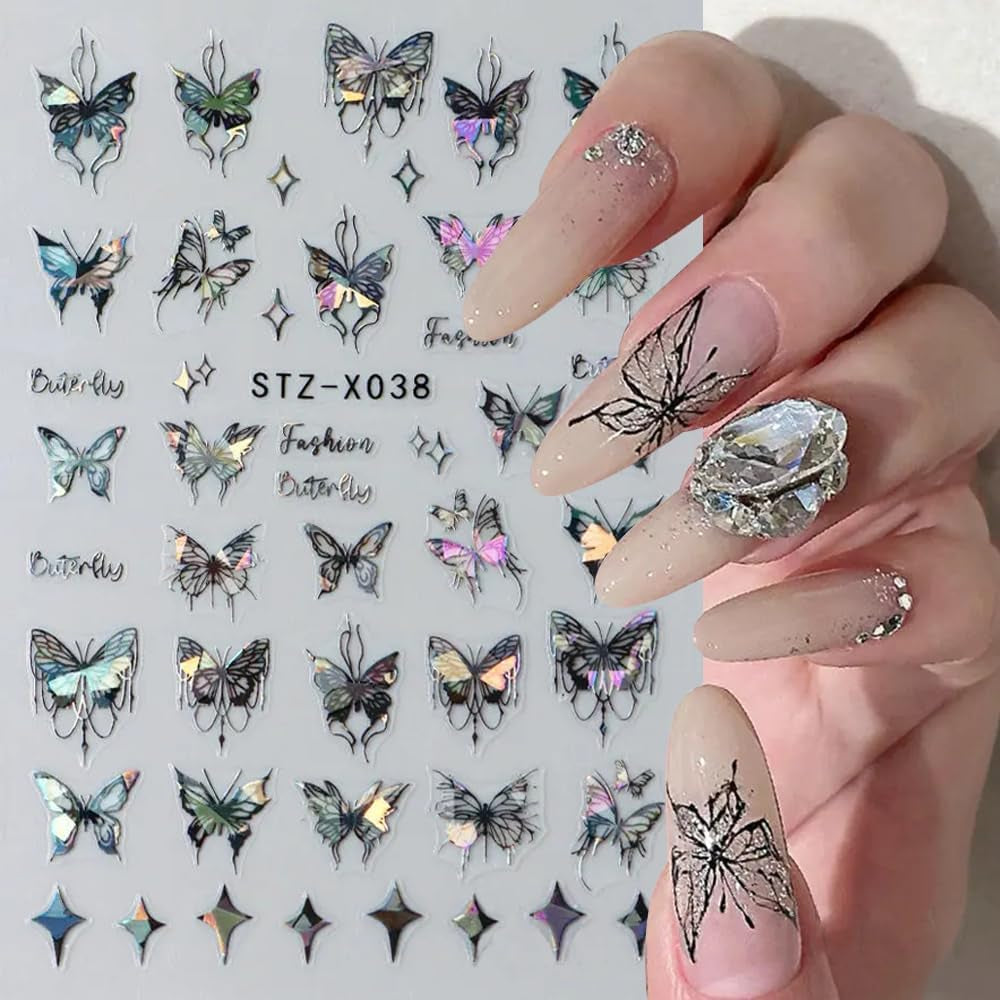 3D Metallic Schwarz Schmetterling Nagelsticker - Laser Pink Aurora Nagelaufkleber - Punk Butterfly Nail Art Naklejki - Srebrne naklejki do paznokci - Nageldesign Zubehör