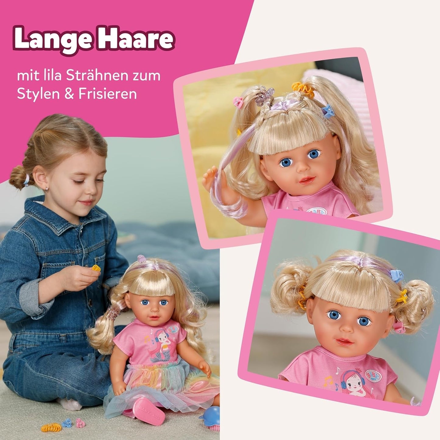 BABY Born Carla - lalka 43 cm - wysokiej jakości blond włosy z pasmami - nie wymaga baterii - odpowiednia dla dzieci od 4 lat - zawiera 7 akcesoriów, różowy