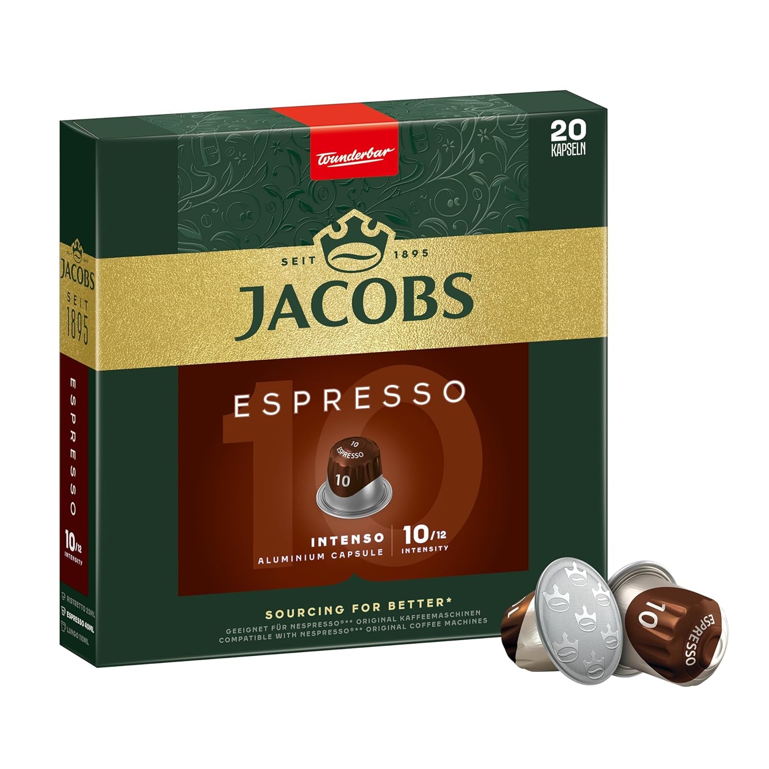 Jacobs Kaffeekapseln Espresso Intenso, Intensität 10/12, 10 x 20 Getränke, kompatybilna z Nespresso* Kaffee Kapseln, 200 Kapseln