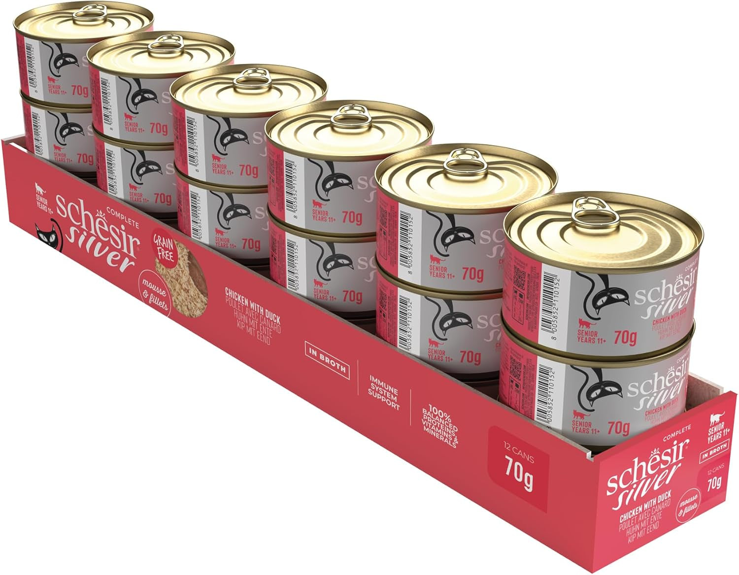 Silver Chicken z musem i filetami z kaczki, pełnoporcjowa mokra karma dla starszych kotów, bez zbóż, wspierająca odporność, źródło wilgoci, 12 x 70g