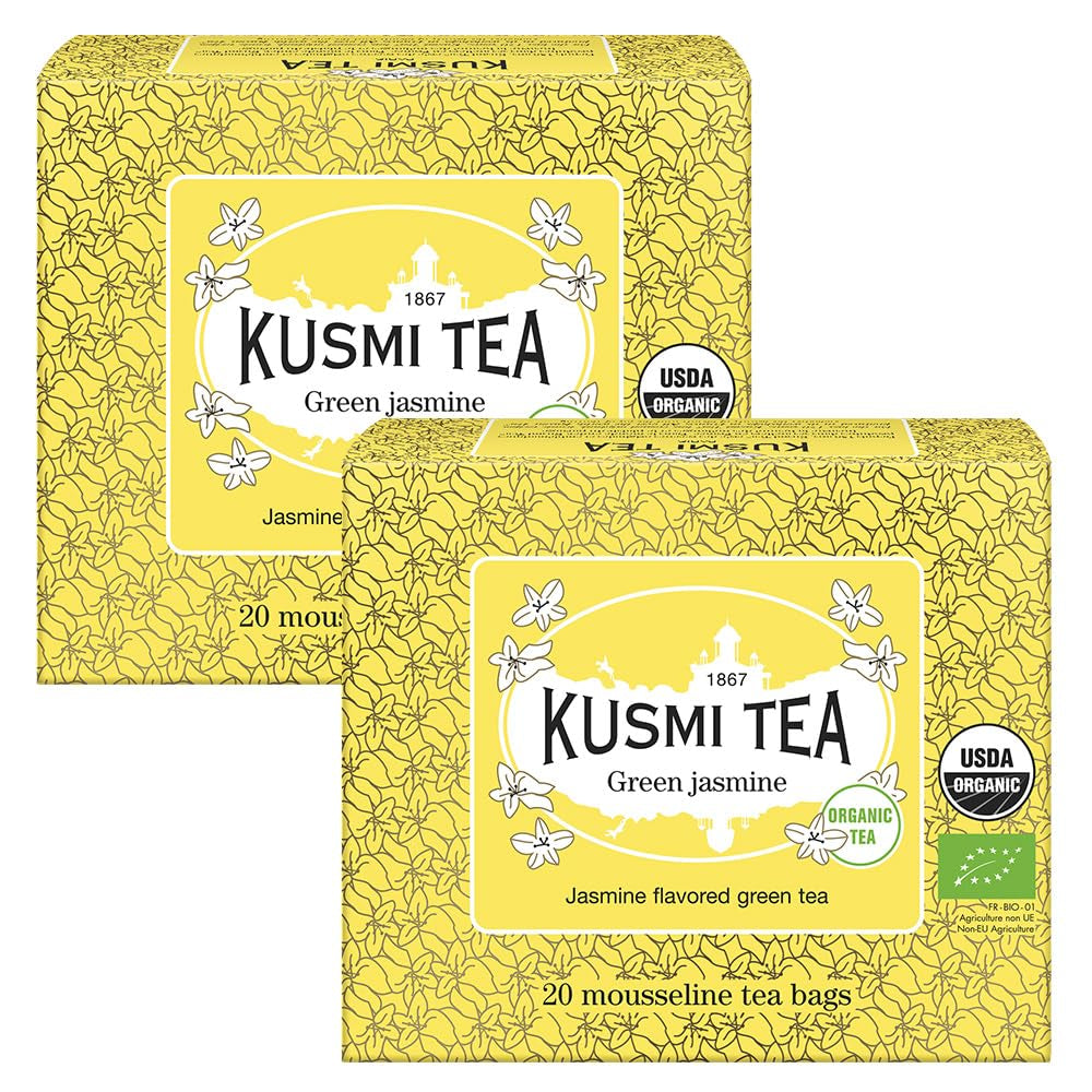 Herbata Kusmi - Opakowanie 2 sztuk - Zielona herbata jaśminowa - Organiczna mieszanka zielonej herbaty jaśminowej - 100% organicznej zielonej herbaty - Można spożywać na gorąco lub na zimno - 2X20 torebek herbaty