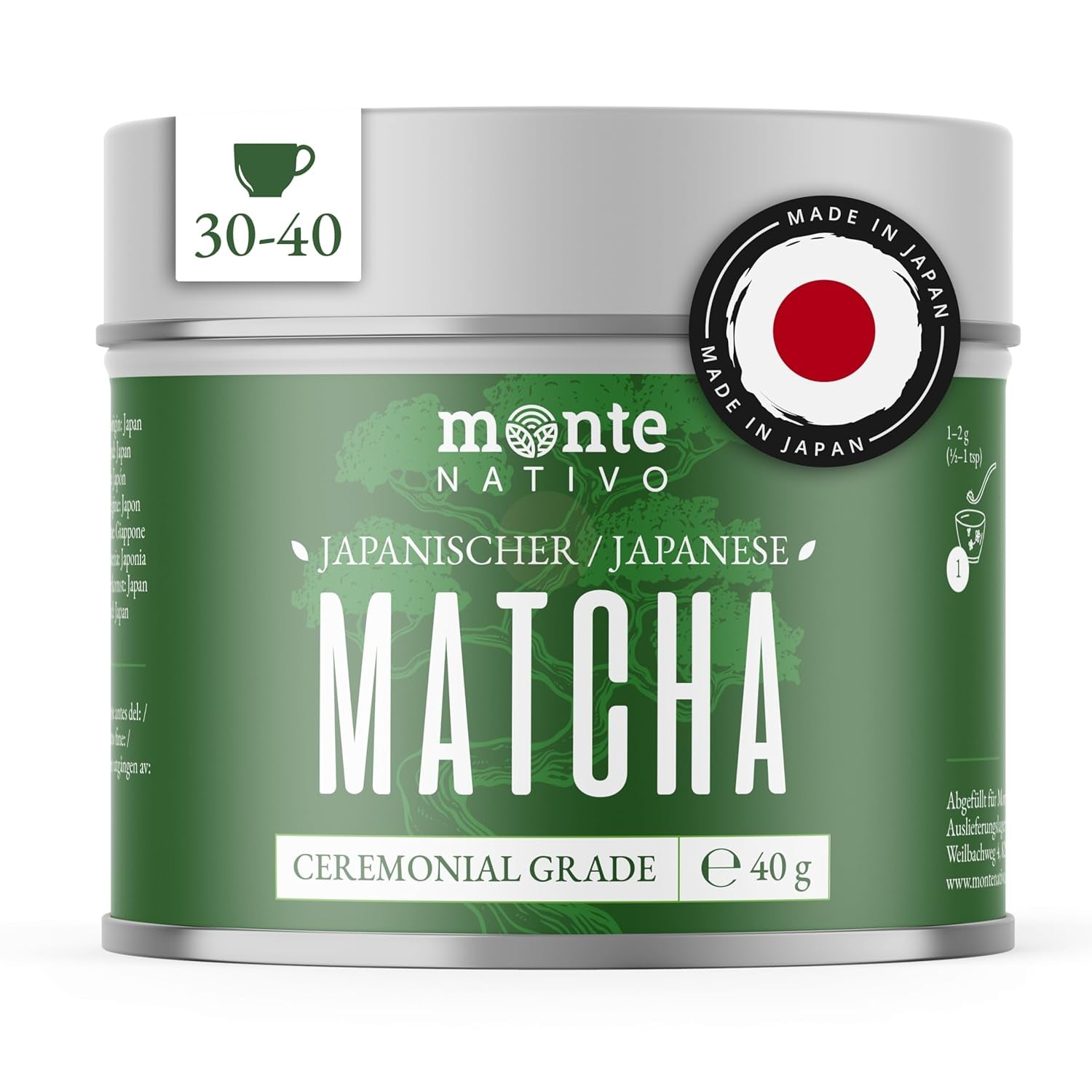 Monte Nativo Ceremonial Matcha w proszku (40g) - idealna do herbaty matcha, latte i koktajli - zielona herbata z Japonii - gatunek ceremonialny, w metalowym pudełku - 100% czysta, bezglutenowa, drobno zmielona