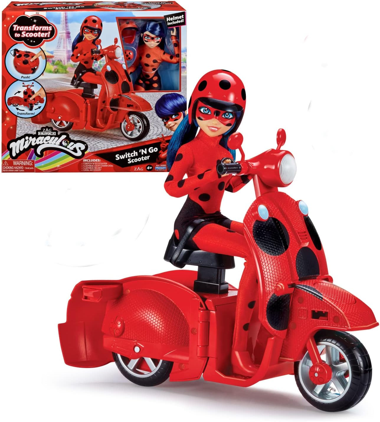 Bandai - Miraculous Ladybug - Cudowna hulajnoga Switch'n Go + 26 cm Biedronka Lucky Charm przegubowa lalka - P50668