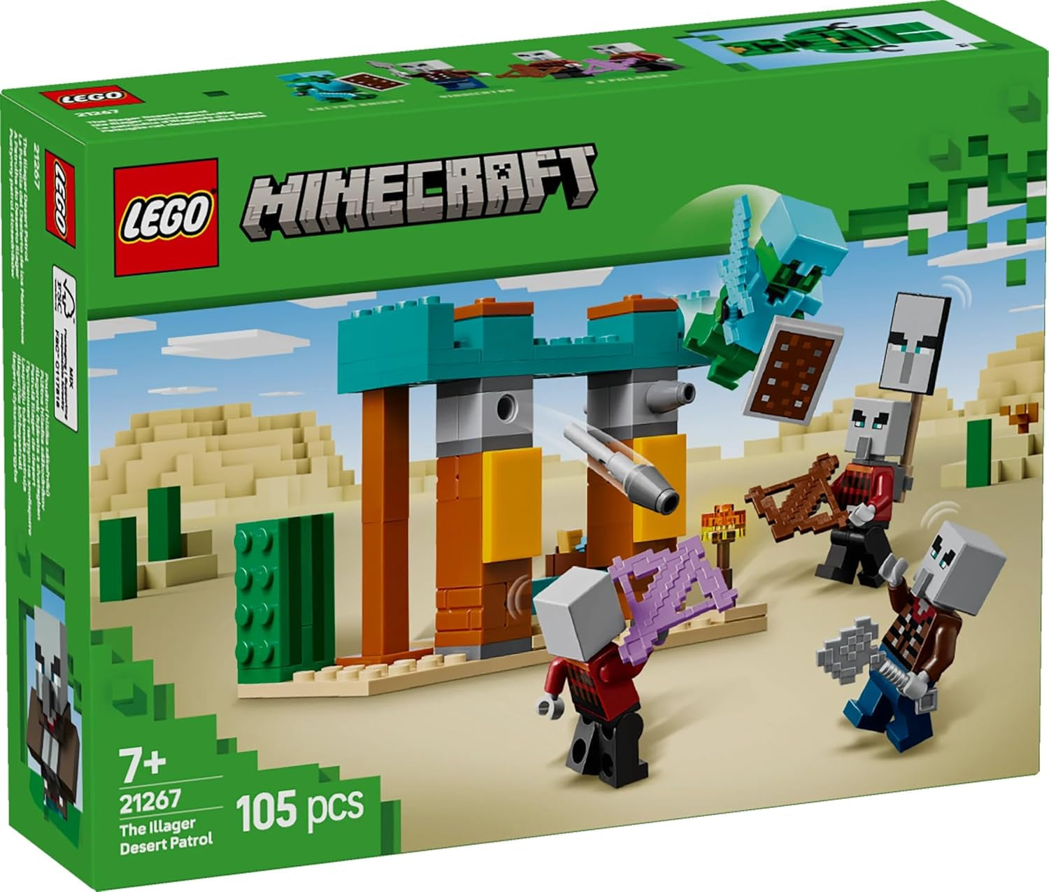 LEGO Minecraft Zestaw gier wideo Pustynny patrol Illager dla dzieci, minizabawka placówki i trzy minifigurki, w tym łupieżca, sługa i rycerz-kaktus 21267 Zestawy do budowania Kup w sklepie LEGO