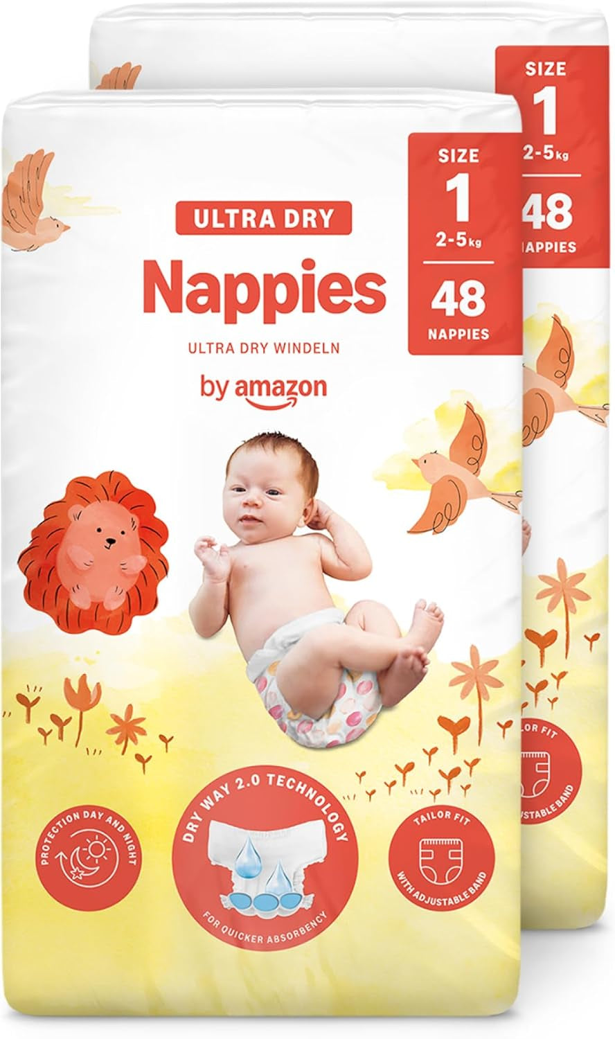 Pieluchy Amazon Ultra Dry, rozmiar 1 (2-5 kg) - pudełko miesięczne, białe, 96 sztuk (2 opakowania po 48) (dawniej marka Mama Bear, identyczny produkt)