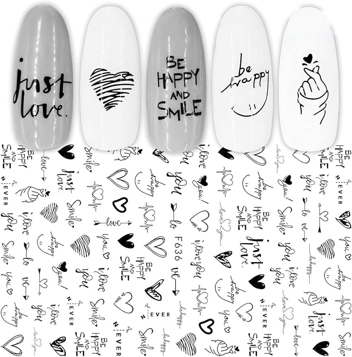 7 Blätter Nagelsticker Selbstklebend Nagelsticker Blumen Abstrakt 3D Schwarz Nagelaufkleber Nageldesign Herzform Wörter Pflanzen Nagel Naklejka DIY Nail Art Zubehör Maniküre Dekoration