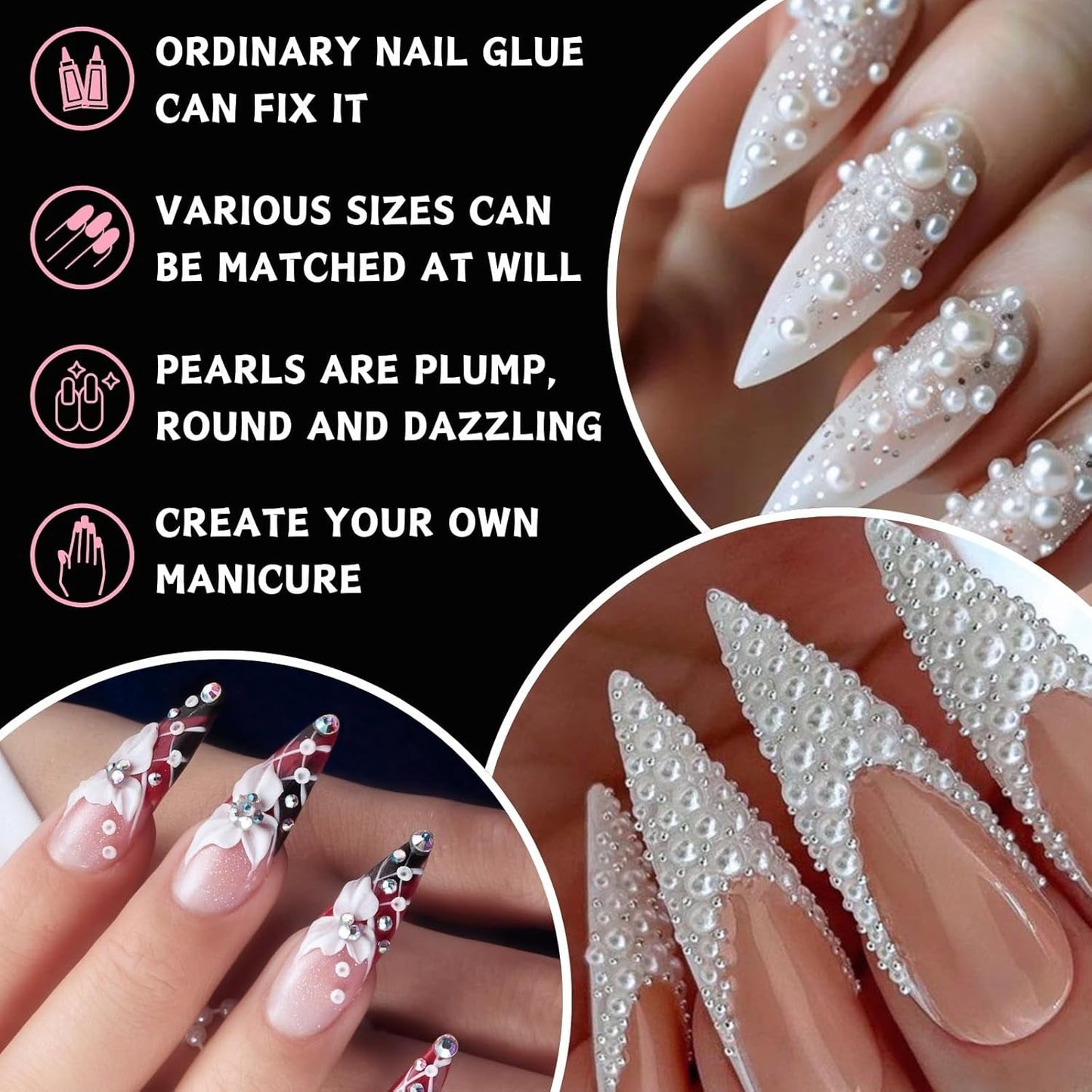 12 Größen Nail Art Perlen, Flache Perlen, Nail Art Accessoires, Halbkreis Nagelperlen, Weiße Nail Charms Und Glitzersteine ​​​​Nägel Für Nail Art Design, DIY Basteln, Alltag, Hochzeit (2 pudełka)