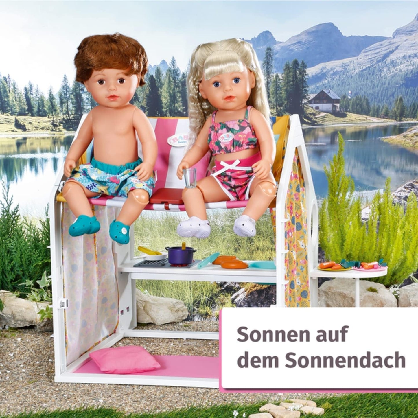 BABY Born Domek dla lalek, domek weekendowy z funkcją światła i dźwięku, otwieranymi panelami bocznymi, zlewem, grillem i wieloma akcesoriami, 832752, Zapf Creation