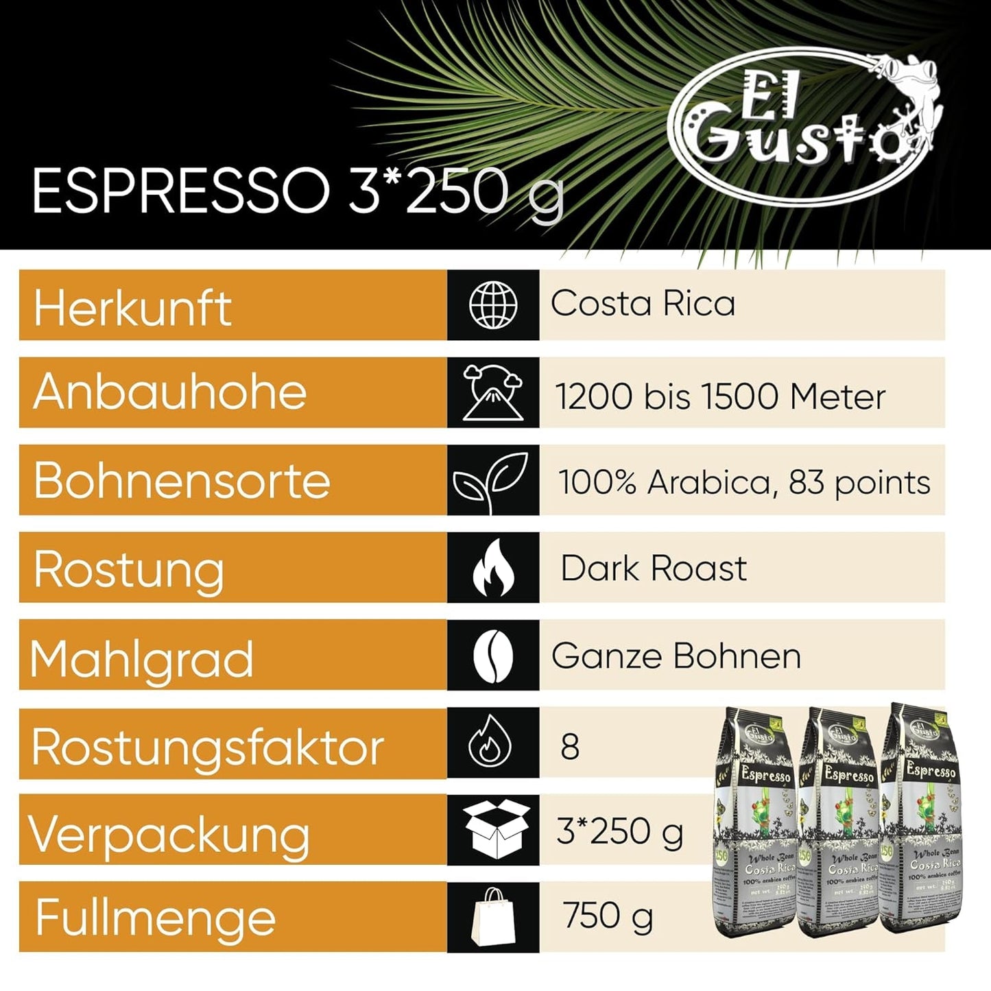 El Gusto Espresso Kaffee aus ganzen Bohnen z Kostaryki, dunkel geröstet, kreatywny Mischung, 100% Arabica, frischer Gourmet-Kaffee 3er Pack