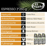 El Gusto Espresso Kaffee aus ganzen Bohnen z Kostaryki, dunkel geröstet, kreatywny Mischung, 100% Arabica, frischer Gourmet-Kaffee 3er Pack