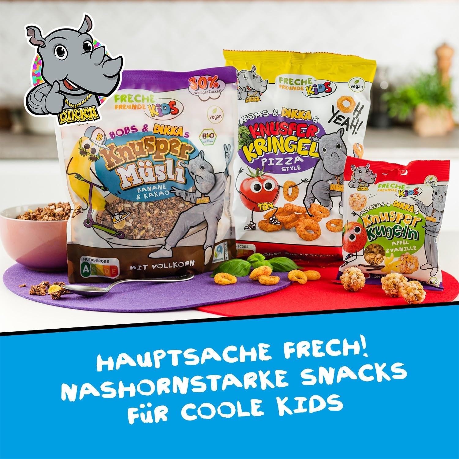 FRECHE FREUNDE KIDS, Bobs & DIKKAs Chrupiące musli kakaowe z bananami, Muesli z chrupiącą czekoladą dla dzieci, o niskiej zawartości cukru, bez dodatków, 100% wegańskie, 6 sztuk (6 x 280g)