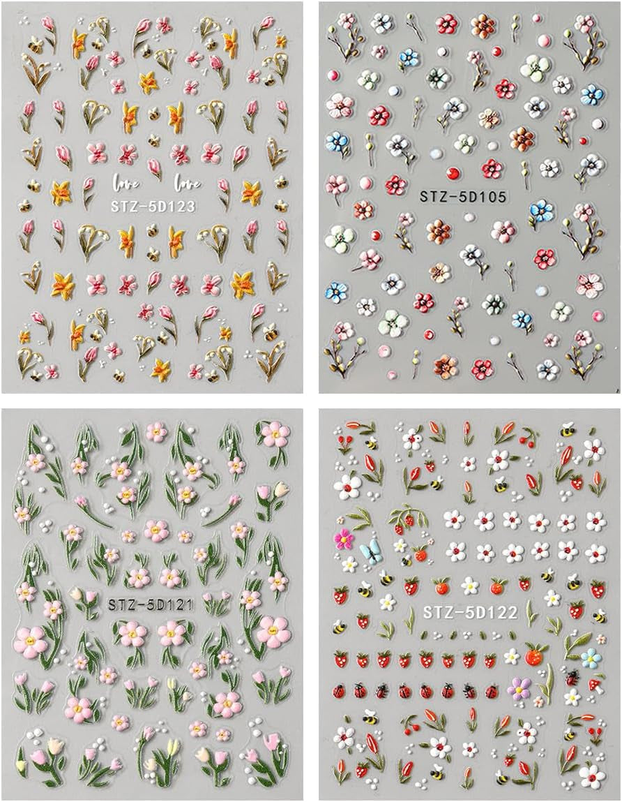 JMEOWIO 3D Nagelsticker Blumen Frucht Nail Art Naklejka Selbstklebend Nagelaufkleber 5D Stereoskopisch Dekoration Nageldesign Zubehör 4 Blatt