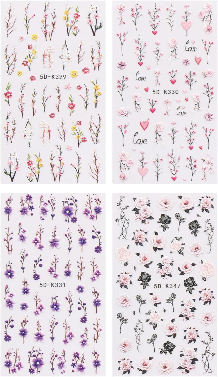 JMEOWIO 3D Nagelsticker Blumen Nail Art Naklejka Selbstklebend Nagelaufkleber 5D Stereoskopisch Frühling Sommer Dekoration Nageldesign Zubehör 4 Blatt