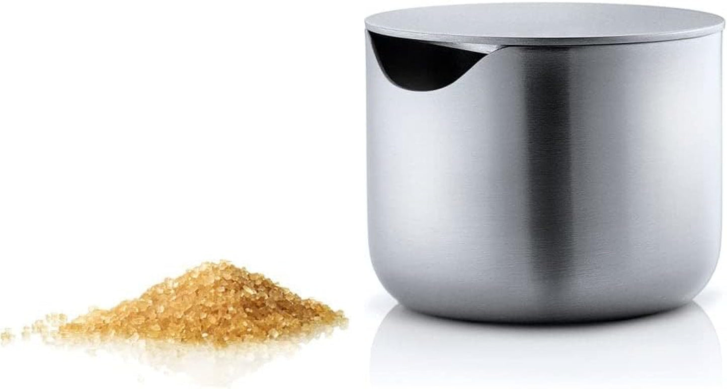 blomus -BASIC- cukiernica ze stali nierdzewnej szczotkowanej, idealny pojemnik na cukier do cukru białego/brązowego, ponadczasowy design, można myć w zmywarce (wys./szer./wys. 6,6x6,6x5,2 stal nierdzewna, 63621)