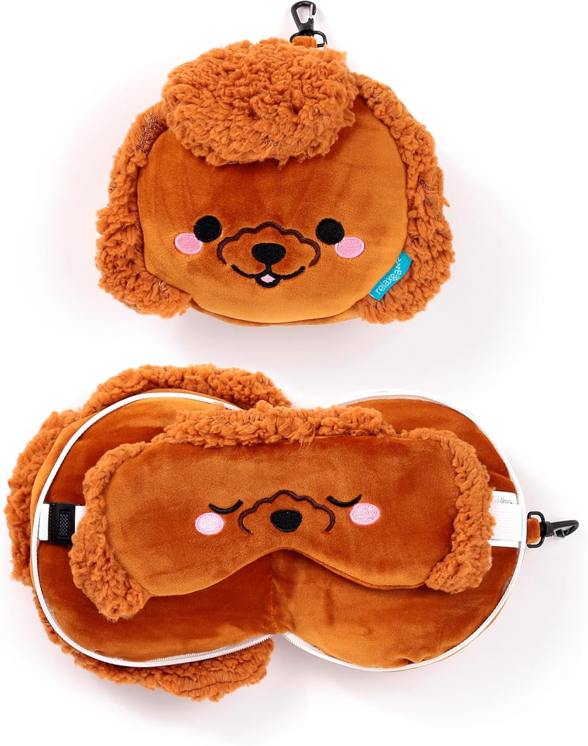 Poduszka podróżna Puckator z maską na oczy Relaxeazzz - Pudel Gigi - Poduszki podróżne z uroczymi zwierzętami Naty Shop Brązowe 1 sztuka (1 opakowanie)