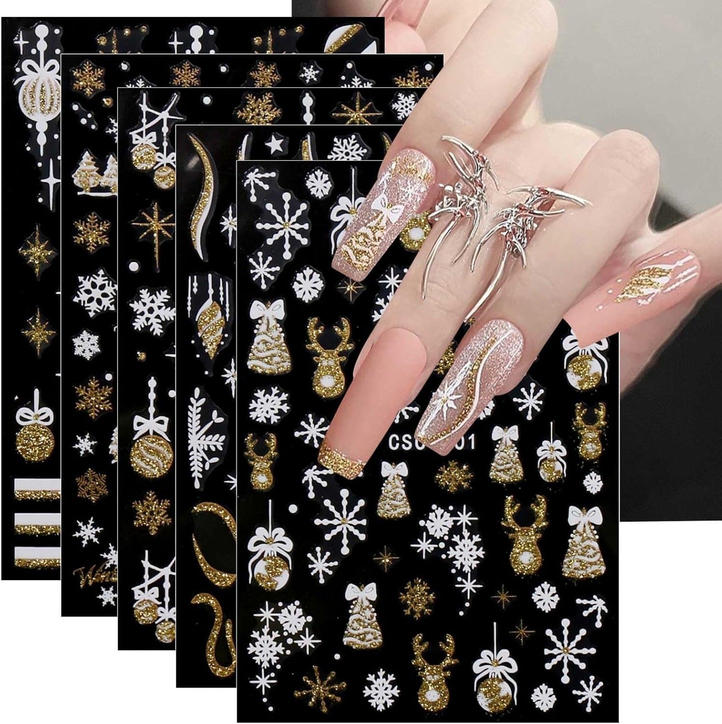 JMEOWIO Nagelsticker Weihnachten Gold Glitter Silber 8 Blatt Nail Art Naklejka Selbstklebend Nagelaufkleber Schneeflocke Winterurlaub Dekoration Nageldesign Zubehör