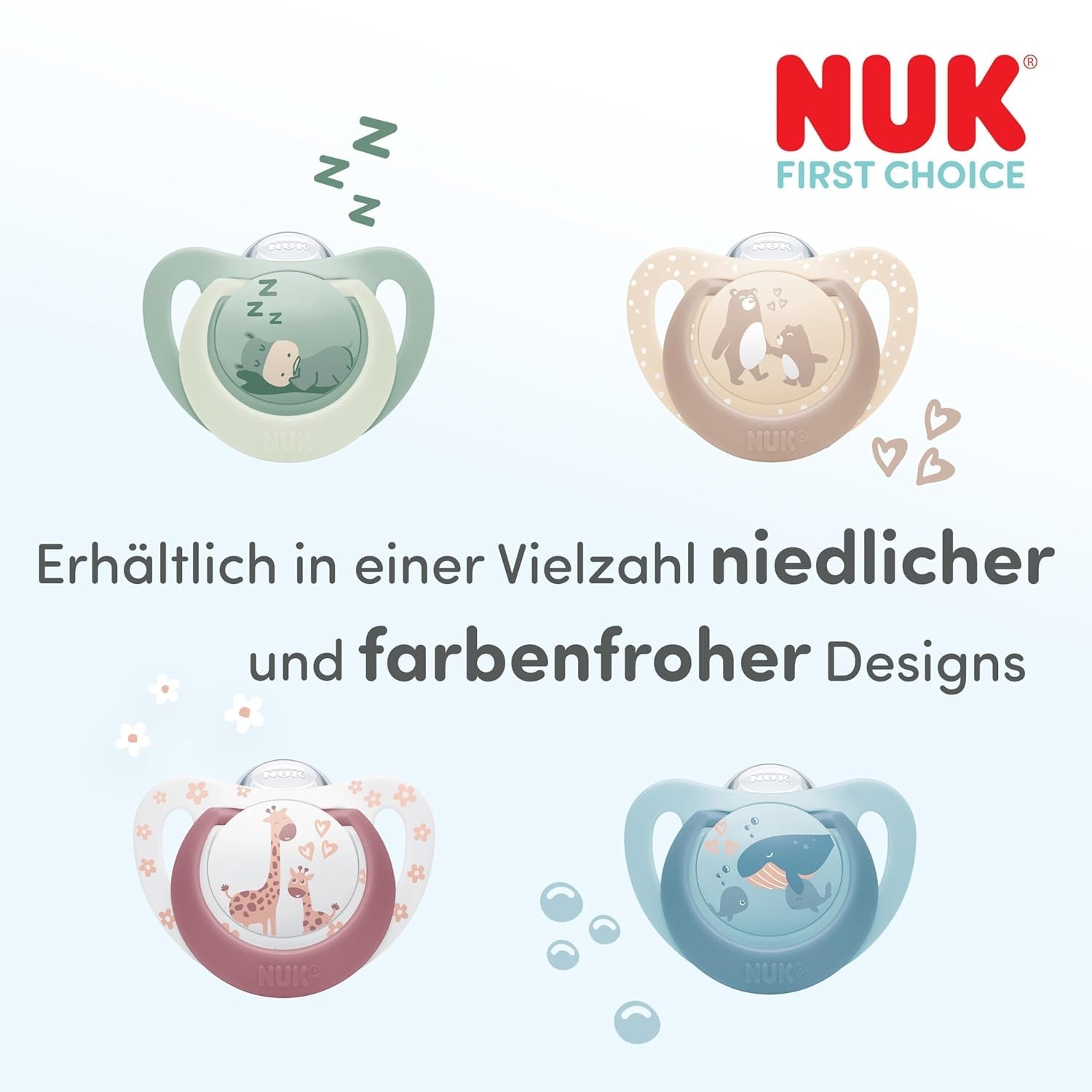 NUK First Choice Smoczki na noc dla niemowląt | 6-18 miesięcy | Smoczki ortodontyczne świecące w ciemności | Uspokaja 99% dzieci** | Hipopotam/Koala | Opakowanie 2