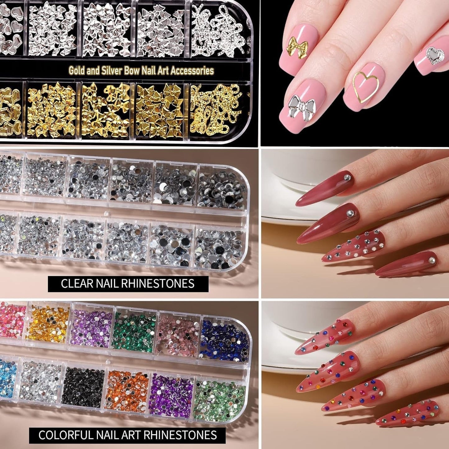 Charms do paznokci, 6 Boxen Gold Silber Nagel Charms 3D Gold Bogen Stern Nail Art Dekoration + 6200 Strasssteine ​​​​Bunt Steine ​​AB Perlen Diamanten, 3D Legierung Bow Nail Gems Nagel Deko Für Frauen Nagel (6-A)