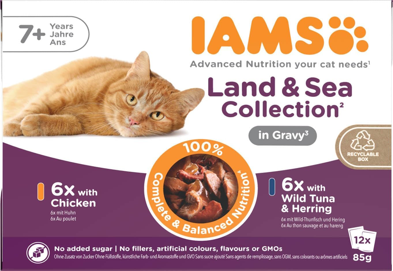 IAMS Delights Mokra karma dla starszych kotów - Wielopak z kurczakiem i rybą w sosie, wysokiej jakości mokra karma dla kotów powyżej 7. roku życia, 12 x 85g