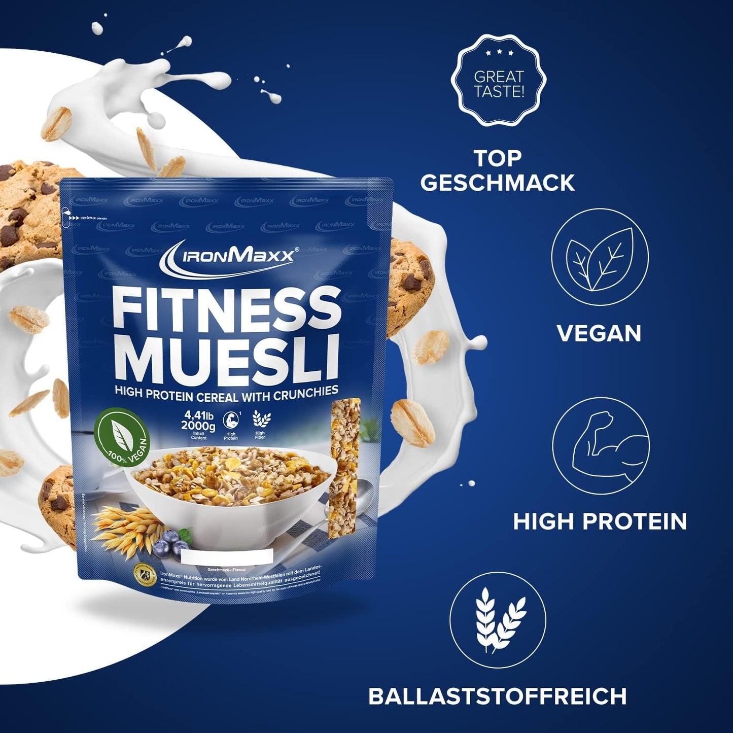 IronMaxx Fitness Musli - ciasteczka i krem, worek 2 kg | Bogate w białko wegańskie musli o chrupiącej zawartości | Niska zawartość cukru i wysoka zawartość błonnika