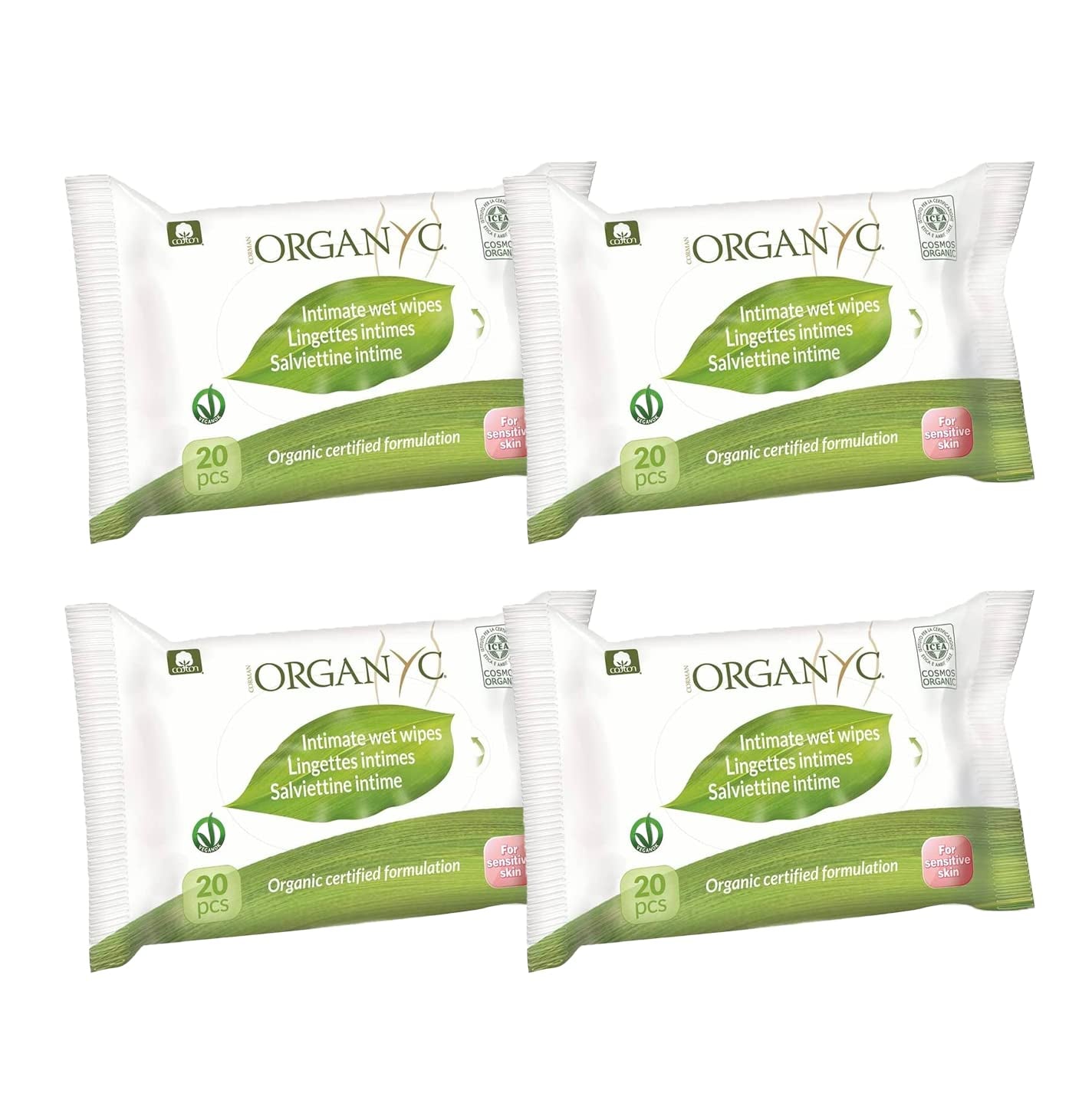 Organyc Wilgotne chusteczki do higieny intymnej, wykonane w 100% z certyfikowanej bawełny organicznej – 4 opakowania po 20 chusteczek (łącznie 80 chusteczek)