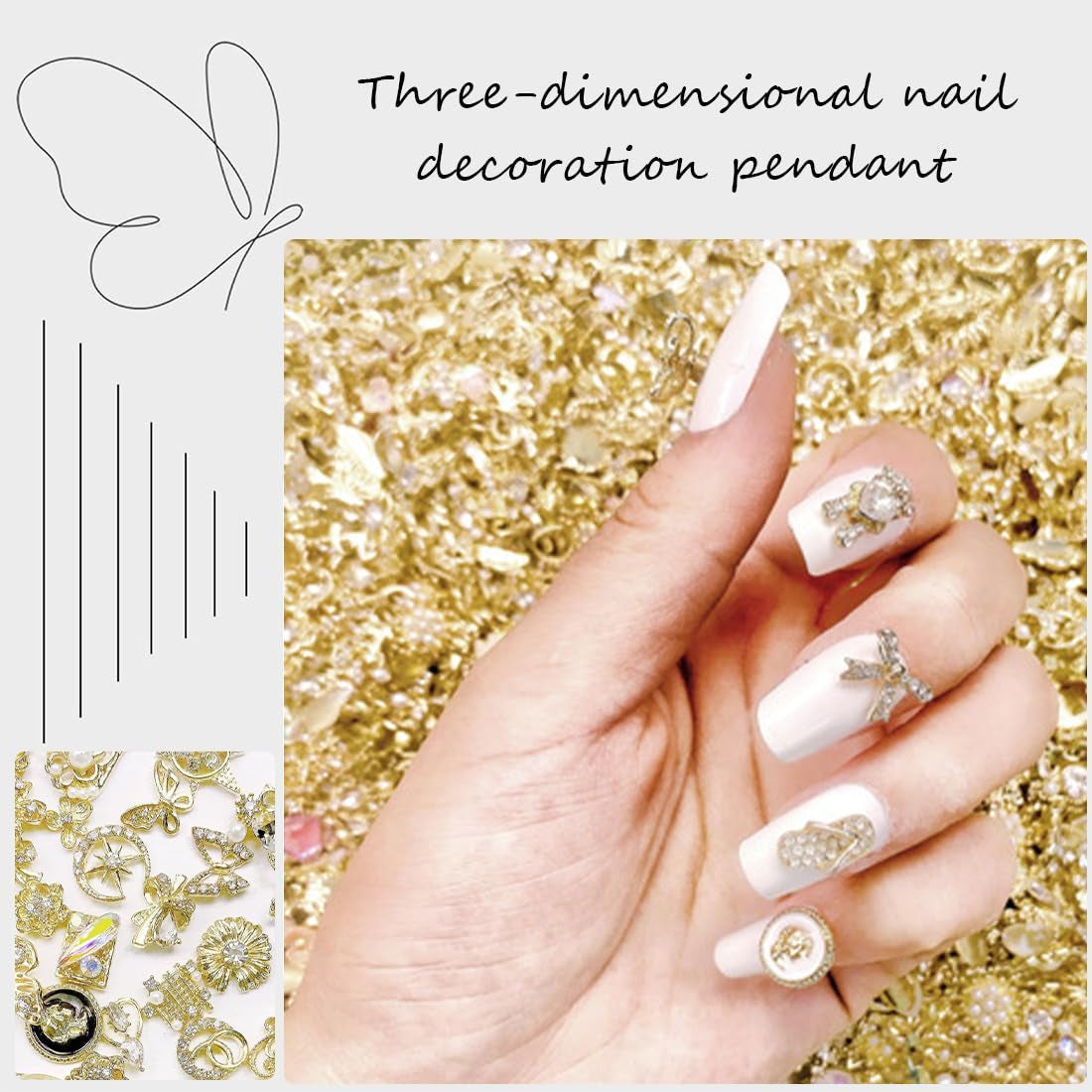 50 Stück Gold Nail Charms, Błyszczące 3D Nail Art Charms, Glitzersteine ​​​​Nägel Perle Legierung Nagel, Schmetterling Strasssteine ​​​​Nägel Charms, DIY Nail Art Zubehör, Für Mädchen Frauen