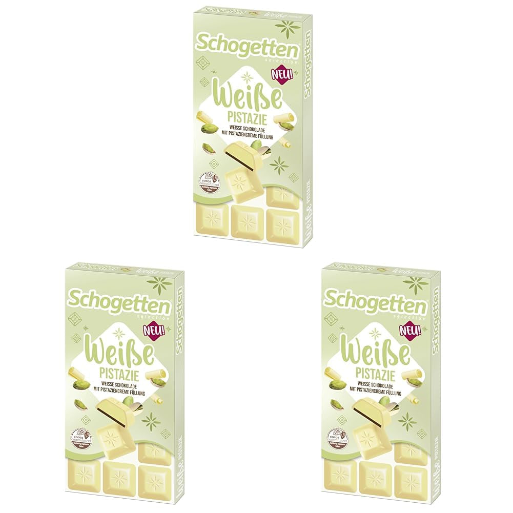Schogetten Biała Pistacja | Biała czekolada z nadzieniem z kremu pistacjowego | 100 g | Wygodnie porcjowane (zestaw 3 szt.)