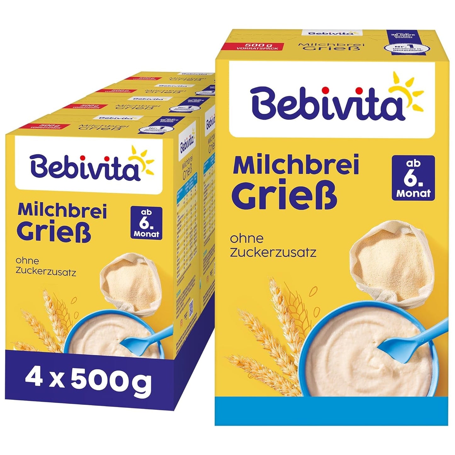 Kaszka manna z mlekiem (4 x 500g), pokarm dla dzieci od 6 miesiąca życia, bez dodatku cukru, z cennymi minerałami i witaminami, bardzo sycący
