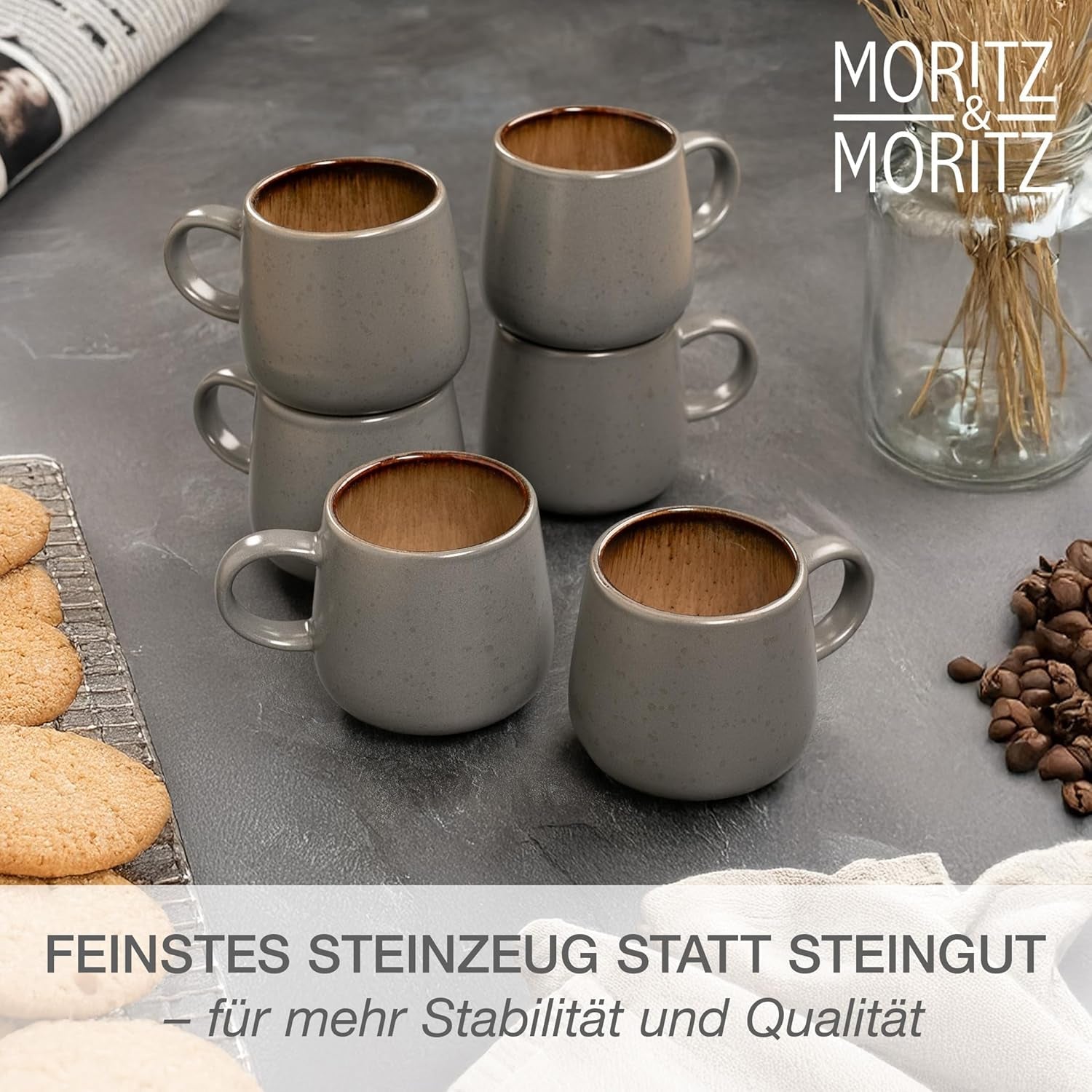 Moritz & Moritz SOLID 24-częściowy zestaw obiadowy z kamionki dla 6 osób - zestaw obiadowy dla 6 osób składający się z 6 talerzy obiadowych, 6 małych talerzy, 6 talerzy obiadowych i 6 filiżanek z uchwytami